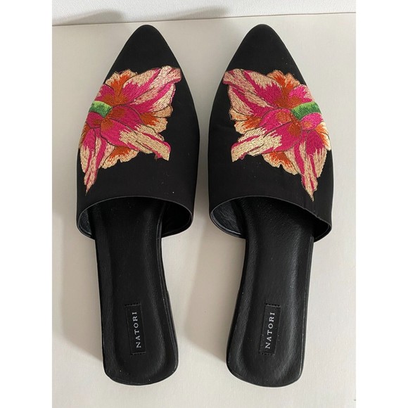 Natori Womens Arri Satin Embroidered Slides 10M Mules Flats Floral Slip On - Picture 6 of 10